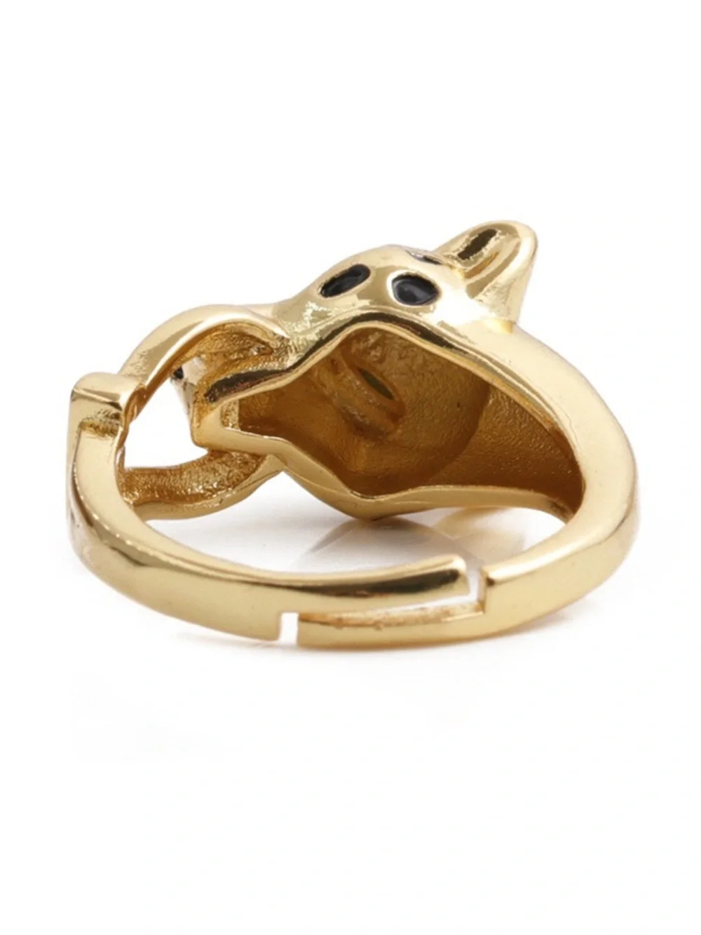 Gold Cat Head Statement Adjustable Ring with Black Enamel Accents